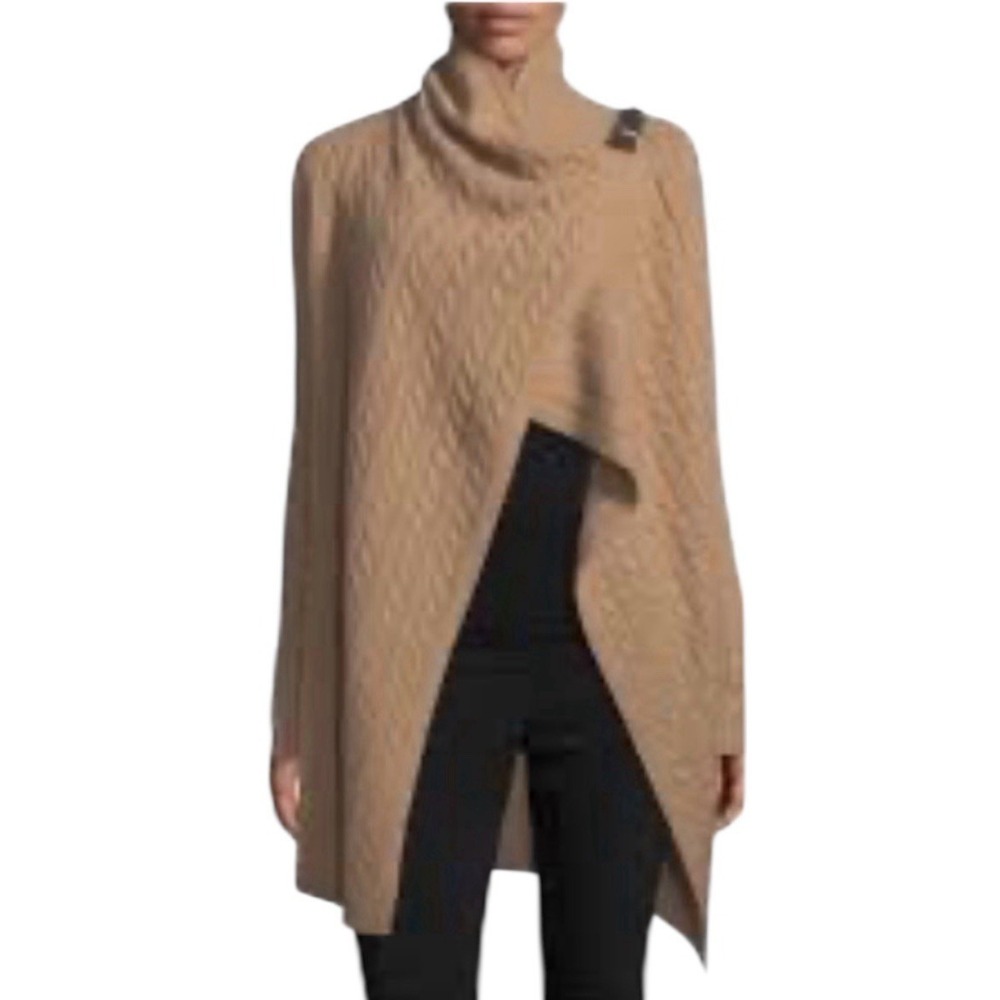 Neiman Marcus cable-knit poncho Size M Cashmere Leather Buckle Asymmetric Tan